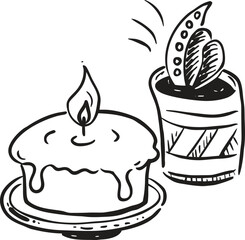 Birthday cake with candles and champagne bottle celebration outline art isolated on transparent background