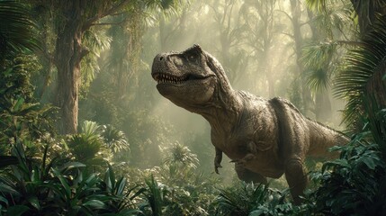 T Rex dinosaur roaming through a lush jungle filled with vibrant greenery and sunlight filtering through thick trees in a prehistoric setting