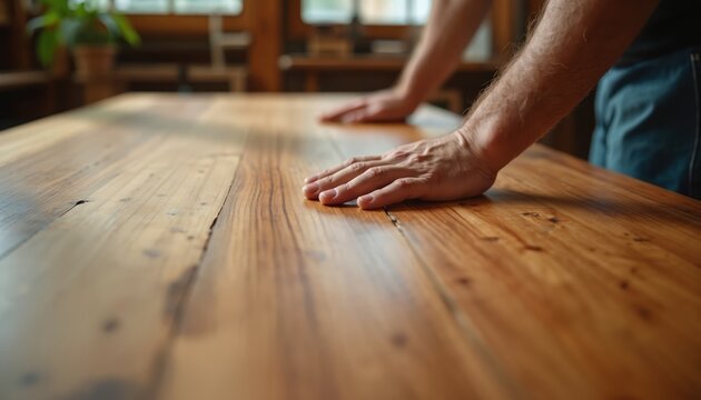 Carpenter runs hands over smooth wood grain surface of custom table. Artisan checks quality of handcrafted furniture in workshop. Skilled man inspects joinery and finish.