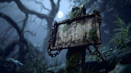Rusty empty metal signboard with chains in a dark foggy forest environment with cinematic mysterious lighting