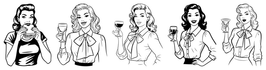 Vector retro women cheers set &mdash; vintage ladies holding wine glasses outline illustration