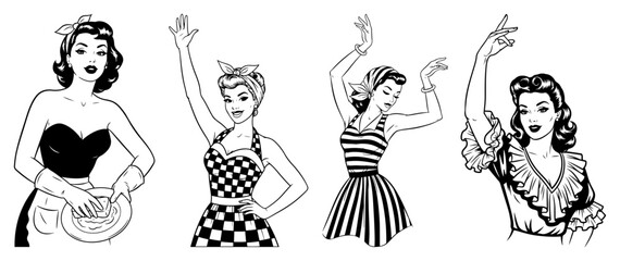 Vector retro housewife mixing batter — vintage woman whisking dough in apron line art illustration