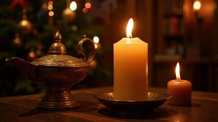 Warm Christmas candle flickering beside a traditional Indian brass oil lamp, a fusion of cultures creating a serene holiday glow in 4k video - Powered by Adobe