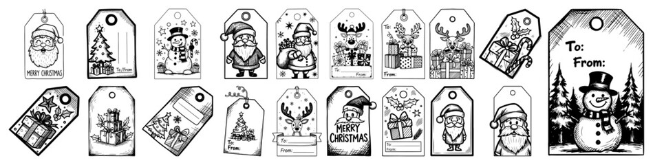 Vector Christmas gift tag collection — festive printable holiday labels with snowman, tree, reindeer outline illustration