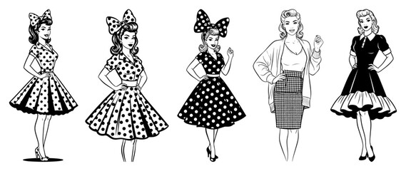 Vector retro pin-up dresses set — vintage women in polka dot and classic outfits outline illustration
