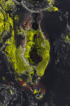 Aerial view of a geothermal area with vibrant yellow moss contrasting against the dark volcanic rock, Highlands Of Iceland, Sveitarf&eacute;lagio Hornafjorour, Iceland.