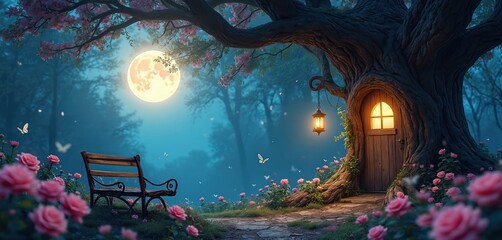 Naklejka premium Fantasy world scene shows fairy house in tree at night. Bench sits amid blooming roses. Lantern lights door to enchanting home under moonlight with floating butterflies in fabulous enchanted forest.