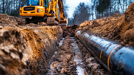 The process of laying a pipe in a wide trench using an excavator.