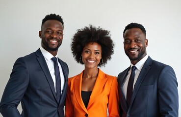 Three smiling African American professionals stand together in formal business suits. Two men wear navy jackets and ties, while a woman in a bright orange blazer poses between them.