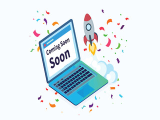 Coming soon announcement concept with a rocket launching from a laptop. Isometric vector illustration for a new website or product startup