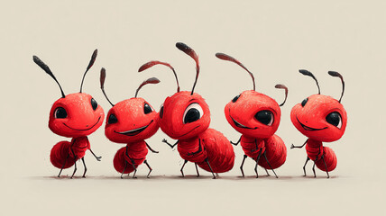 Fototapeta premium Cute little red ants having fun together in a joyful gathering