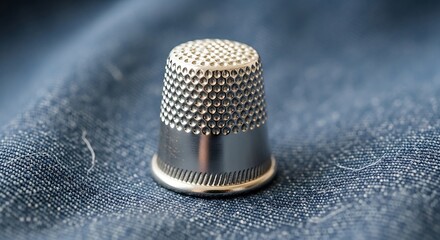Close-up on a metal thimble for sewing craftsmanship on blue fabric