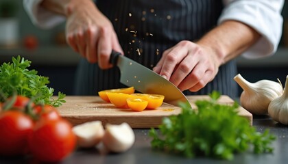 Chef cuts fresh yellow tomatoes on wood board. Garlic and herbs nearby. Professional cook prepares ingredients for delicious dish in kitchen.