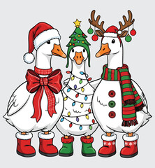 Three Christmas Geese Vector Collection. Funny Holiday Ducks Dressed as Santa, Reindeer, and Christmas Tree for Festive Seasonal Design.