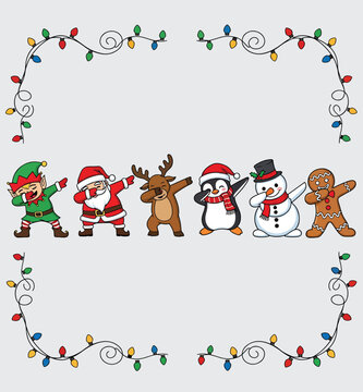 Dabbing Christmas Characters Vector Set. Funny Santa, Elf, Reindeer, Snowman, Penguin, and Gingerbread Man with Holiday Lights Frame.