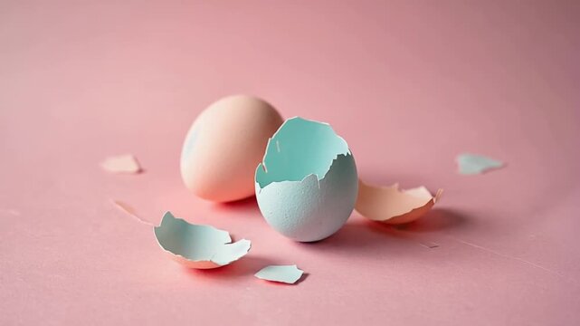 Two pastel colored cracked eggs with a blue and pink hue on a pink backdrop, suggesting baby gender reveal