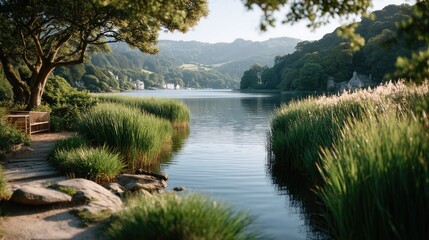 Serene Lake Vista Bathed In Golden Sunlight With Lush Green Reeds And Trees On A Clear Summer Day
