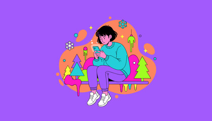 Vibrant abstract illustration of a young person using a phone in a colorful stylized winter environment