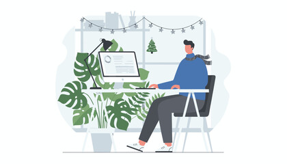 Remote worker in a comfortable winter home office with plants and holiday decorations