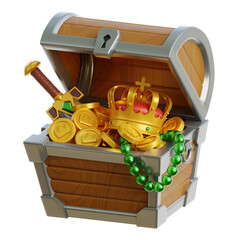 Open treasure chest overflowing with gold crown coins