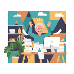 Angry senior employee yelling stressed by excessive paperwork and office burnout Vector illustration