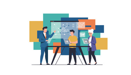 Business team analyzing big data and network diagrams in a modern strategy meeting