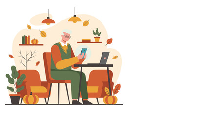 Senior man using mobile phone and laptop in a comfortable stylish autumn interior
