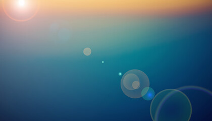 Obraz premium Abstract gradient background with a blend of orange, teal, and blue, featuring lens flares and bokeh effects.