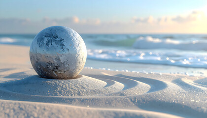 A smooth, round stone sits on a sandy beach with wave patterns, the ocean visible in the background under a bright sky.