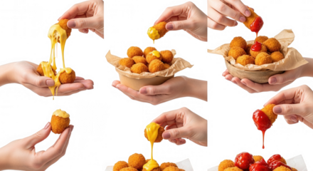 Golden fried bites with dipping sauces isolated on a transparent background