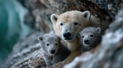 Fototapeta premium Gentle Polar Bear and Two Curious Cubs Nestled Among Rocks in a Chilly Arctic Landscape Capturing the Heart of Wildlife Photography