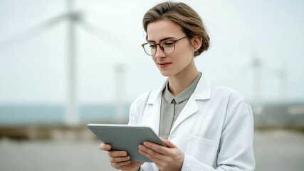 female scientist recording wind turbine output data on tablet standing in open field gentle wind hum research innovation cinematic color correction, gentle backlight, clean negative space, high - Powered by Adobe
