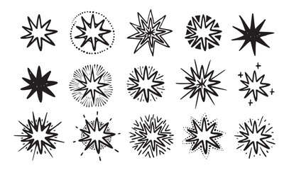 Set of hand drawn star shapes with different outlines and rays. Black and white vector doodle collection isolated on white background. Celestial and decorative element concept for design, pattern, or