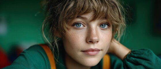 Young girl with natural beauty and charming freckles gazes directly at the camera, showcasing expressive blue eyes in a cozy indoor setting with green backdrop.