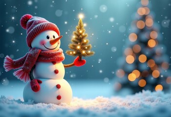 Fototapeta premium Merry Christmas and Happy New Year blue background with cheerful snowman and Christmas tree; card template with space for text