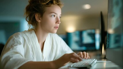 female student practicing coding language on large digital display soft keyboard clicks STEM confidence empowerment cinematic color correction, gentle backlight, clean negative space, high quality - Powered by Adobe