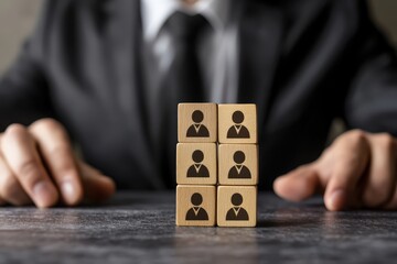 Business Professional and Team Representation: A sharp-dressed business professional arranges blocks with human icon representations, symbolizing team building and organizational structure.