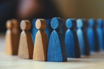 Unity in Diversity: A collection of wooden figures, representing individuals, stand together in a display of unity and cohesion, symbolizing the strength found in diversity and collaboration.