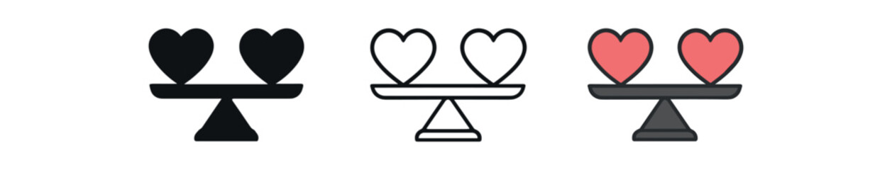 two hearts balanced icon on white background Black silhouette flat icon outline icon and colored icon style three minimal vector icon style
