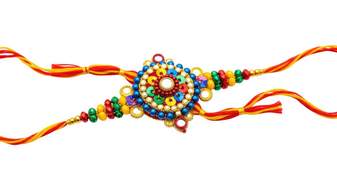 Colorful Embellished Rakhi Bracelet for Raksha Bandhan Festival Isolated PNG Cutout Transparent - Powered by Adobe