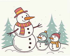 A snowman family stands in a snowy winter landscape with trees behind them