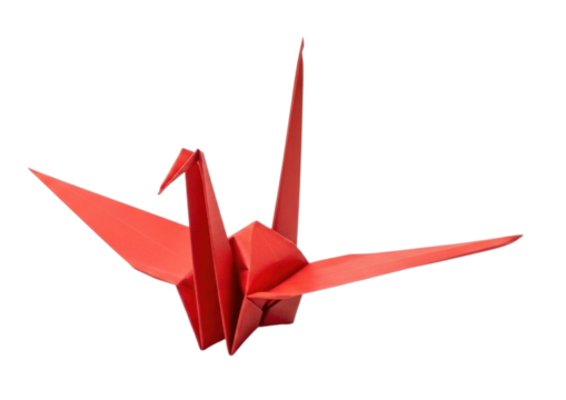 Red Origami Paper Crane Bird with Outstretched Wings Isolated PNG Cutout Transparent