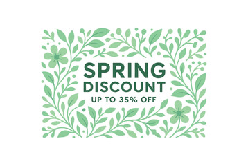 Fototapeta premium Spring discount up to 35 percent off banner with green floral frame. Seasonal sale, nature design. Flat vector illustration.