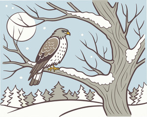 Hawk perched on a snowy branch under the moonlight in winter scene