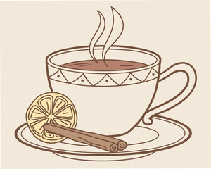 Illustration of a cup of tea with lemon and cinnamon