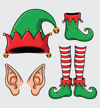 Christmas Elf Costume Vector Set: Hat, Striped Legs, Shoes, and Ears. Holiday Clothing and Accessories for Santa's Helper Character Design.
