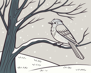 Small bird perched on a snowy branch in a winter landscape illustration