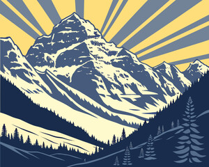 Snowy mountain landscape with sun rays and evergreen trees in the valley