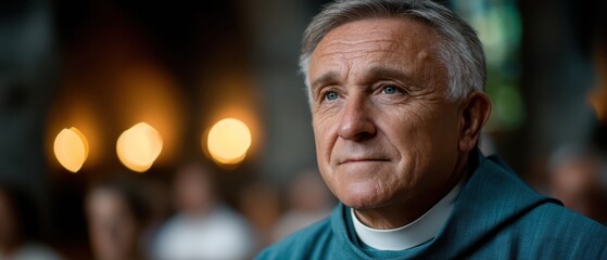 Senior clergy member in contemplative pose inside a beautiful historical church with soft glowing lights in the background evoking peace and spirituality
