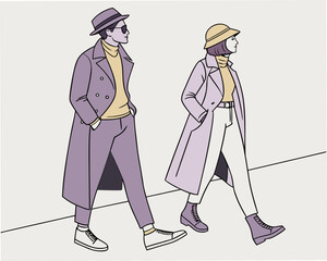 Stylish couple walking in coats and hats